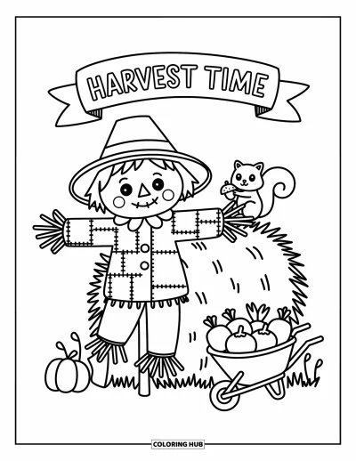 Coloriage d'épouvantail pour adultes : Un épouvantail chaleureux s'appuie sur du foin avec un écureuil, des légumes et une joyeuse pancarte de récolte