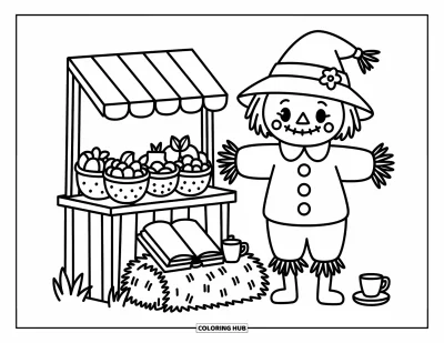 Coloriage d'épouvantail pour adultes : Un épouvantail chaleureux se tient près de paniers de légumes avec un service à thé et un livre ouvert