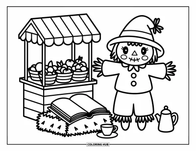 Coloriage d'épouvantail pour adultes : Un épouvantail chaleureux se tient près d'un petit étal de marché avec un livre et un service à thé