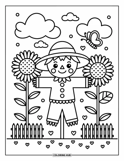 Coloriage d'épouvantail pour adultes : Un épouvantail accueillant se tient près de tournesols et d'un papillon avec des nuages et une clôture