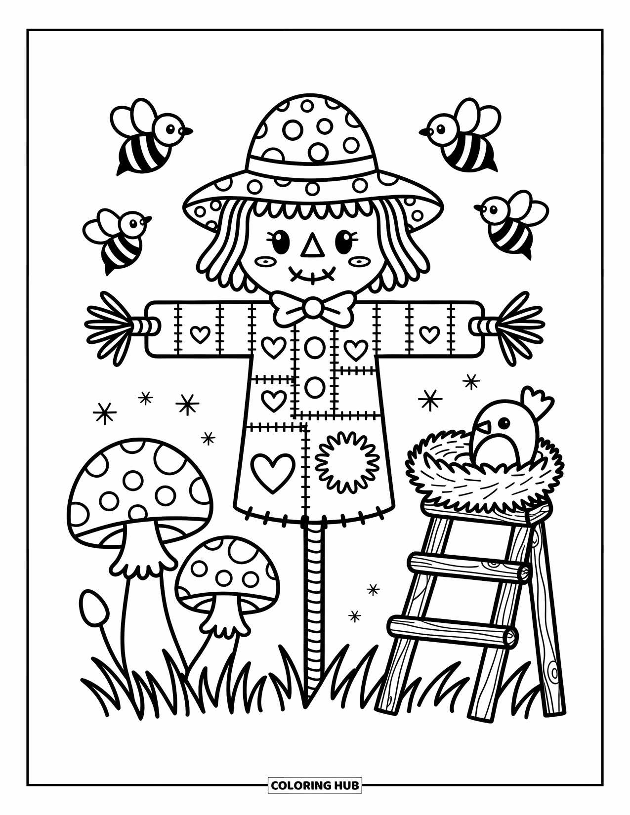 Scarecrow Coloring Page for Adults: A cute scarecrow in a patchy outfit stands in a mushroom field with buzzing bees