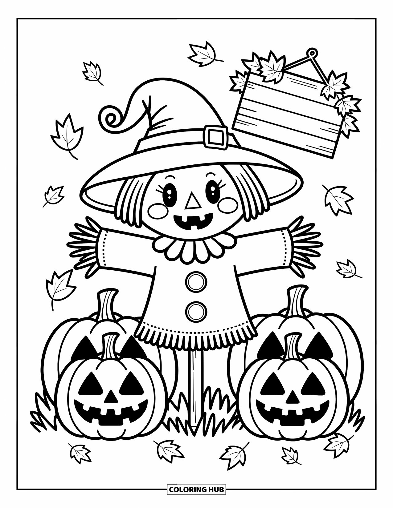 Scarecrow Coloring Page for Adults: A cute scarecrow smiles in a pumpkin patch with jack-oí-lanterns and floating autumn leaves