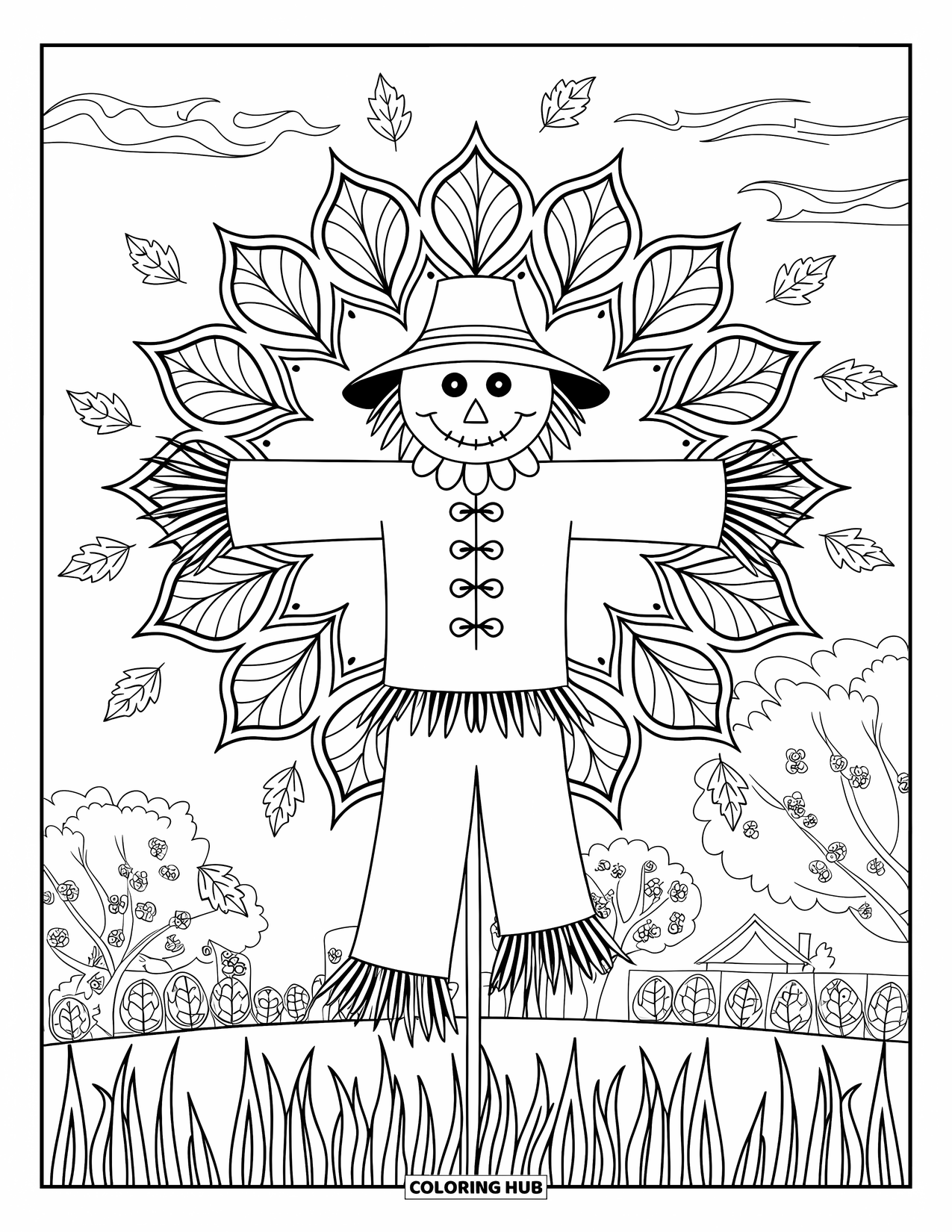 Scarecrow Coloring Page for Adults: A detailed scarecrow stands in a field with swirling mandala leaves and rustic charm