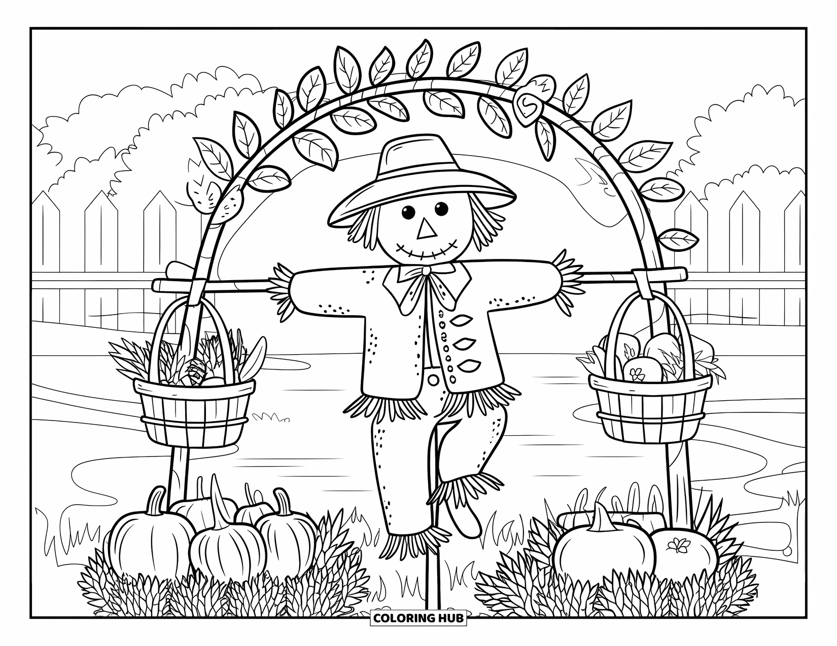 Scarecrow Coloring Page for Adults: A detailed scarecrow stands under leafy arches by a calm lake and fence