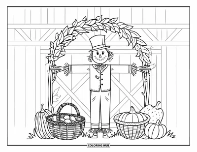 Coloriage d'épouvantail pour adultes : Un épouvantail raffiné se dresse sous des arches feuillues avec des paniers de légumes à proximité