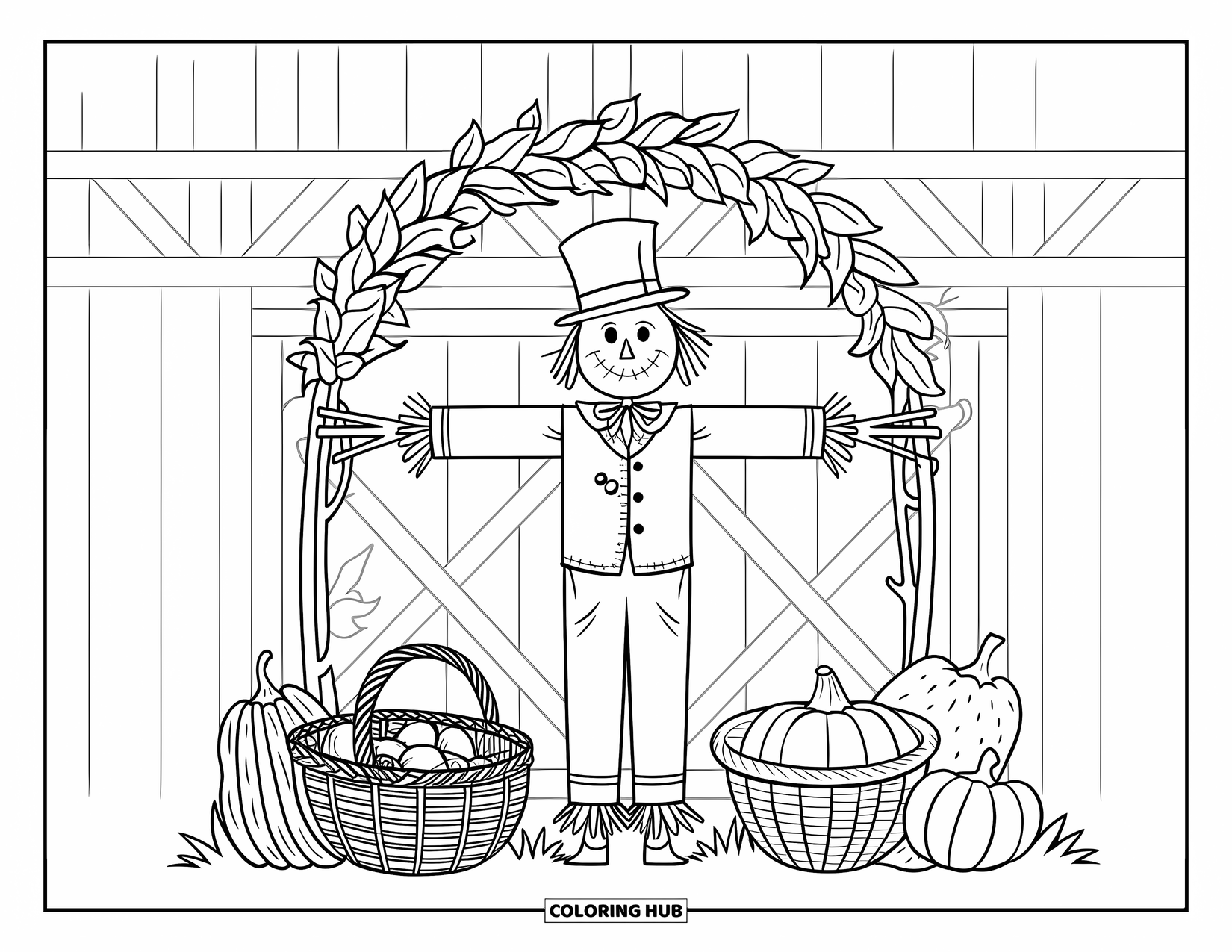 Scarecrow Coloring Page for Adults: A fancy scarecrow stands under leafy arches with baskets of produce nearby