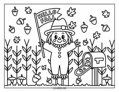 Coloriage d'épouvantail pour adultes : Un épouvantail radieux tient une bannière tandis que des épis de maïs souriants et des feuilles tombantes animent la scène