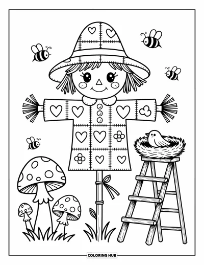 Coloriage d'épouvantail pour adultes : Un épouvantail espiègle avec des pièces en forme de cœur se tient parmi des champignons, des abeilles et un nid douillet