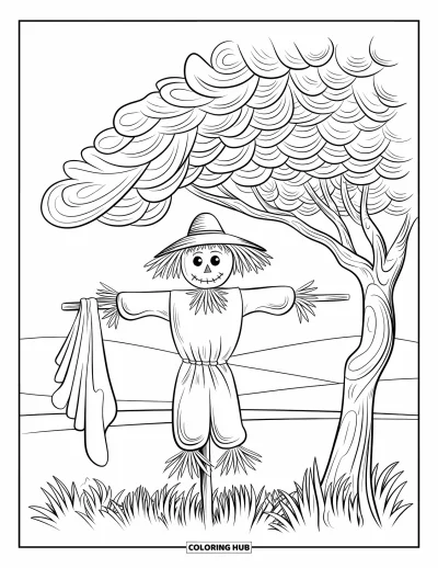 Coloriage d'épouvantail pour adultes : Un épouvantail tient un tissu sous un arbre feuillu avec des collines en arrière-plan