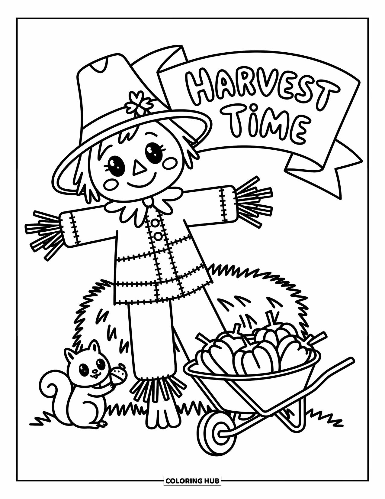 Scarecrow Coloring Page for Adults: A scarecrow in a patchwork outfit leans on hay with a squirrel and harvest banner
