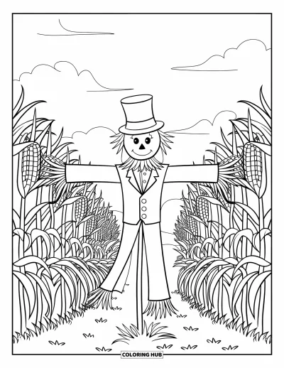 Coloriage d'épouvantail pour adultes : Un épouvantail en veste se tient sur un chemin de champ de maïs sous des ciels nuageux et tourbillonnants