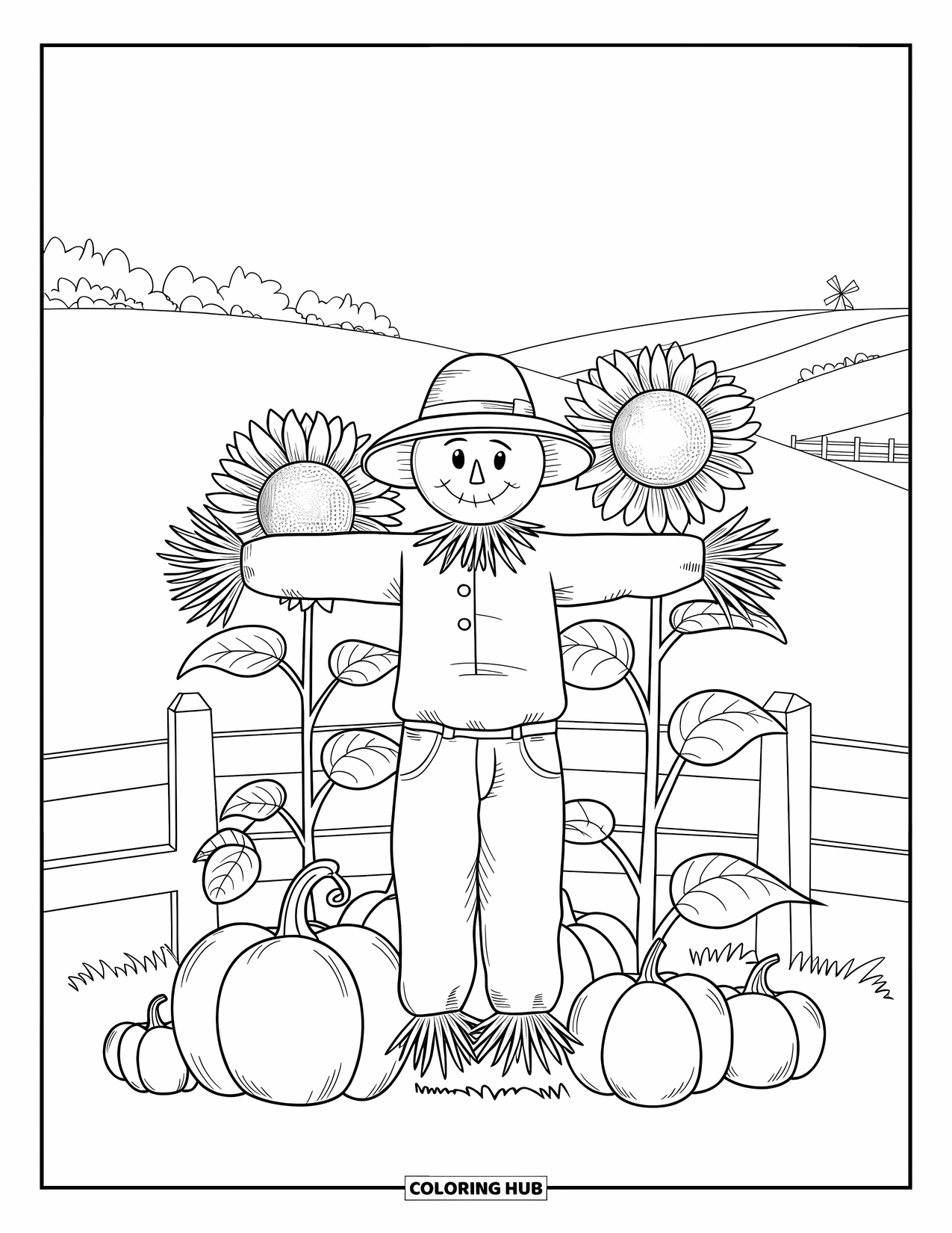Scarecrow Coloring Page for Adults: A scarecrow in straw clothes stands with pumpkins and sunflowers near a windmill