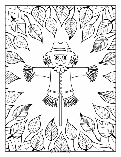 Coloriage d'épouvantail pour adultes : Un épouvantail est entouré de feuilles à motifs tombant en une composition circulaire de type mandala
