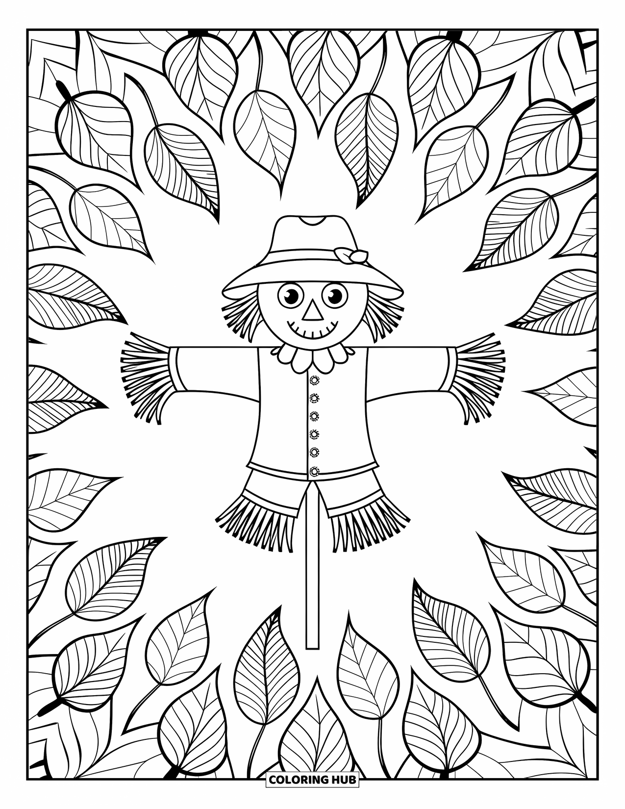 Scarecrow Coloring Page for Adults: A scarecrow is surrounded by patterned leaves falling in a circular mandala design
