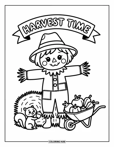 Coloriage d'épouvantail pour adultes : Un épouvantail s'appuie sur du foin près d'un écureuil, d'une brouette de légumes et d'une bannière « Harvest Time »
