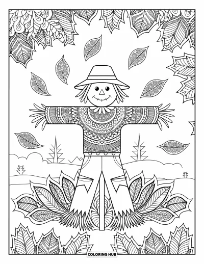 Coloriage d'épouvantail pour adultes : Un épouvantail se tient parmi des feuilles de style mandala dans un paysage boisé et paisible