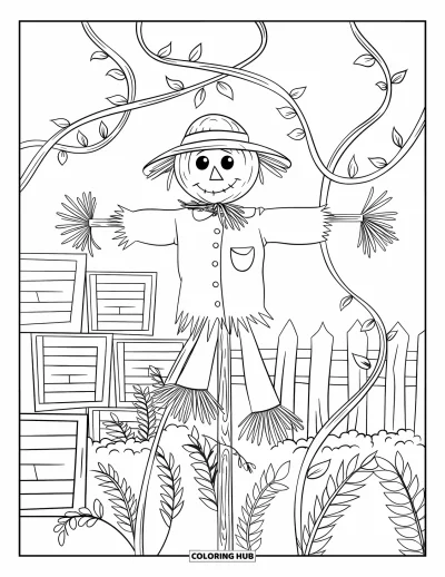 Coloriage d'épouvantail pour adultes : Un épouvantail se dresse parmi des vignes sinueuses et des caisses près d'une clôture en bois rustique