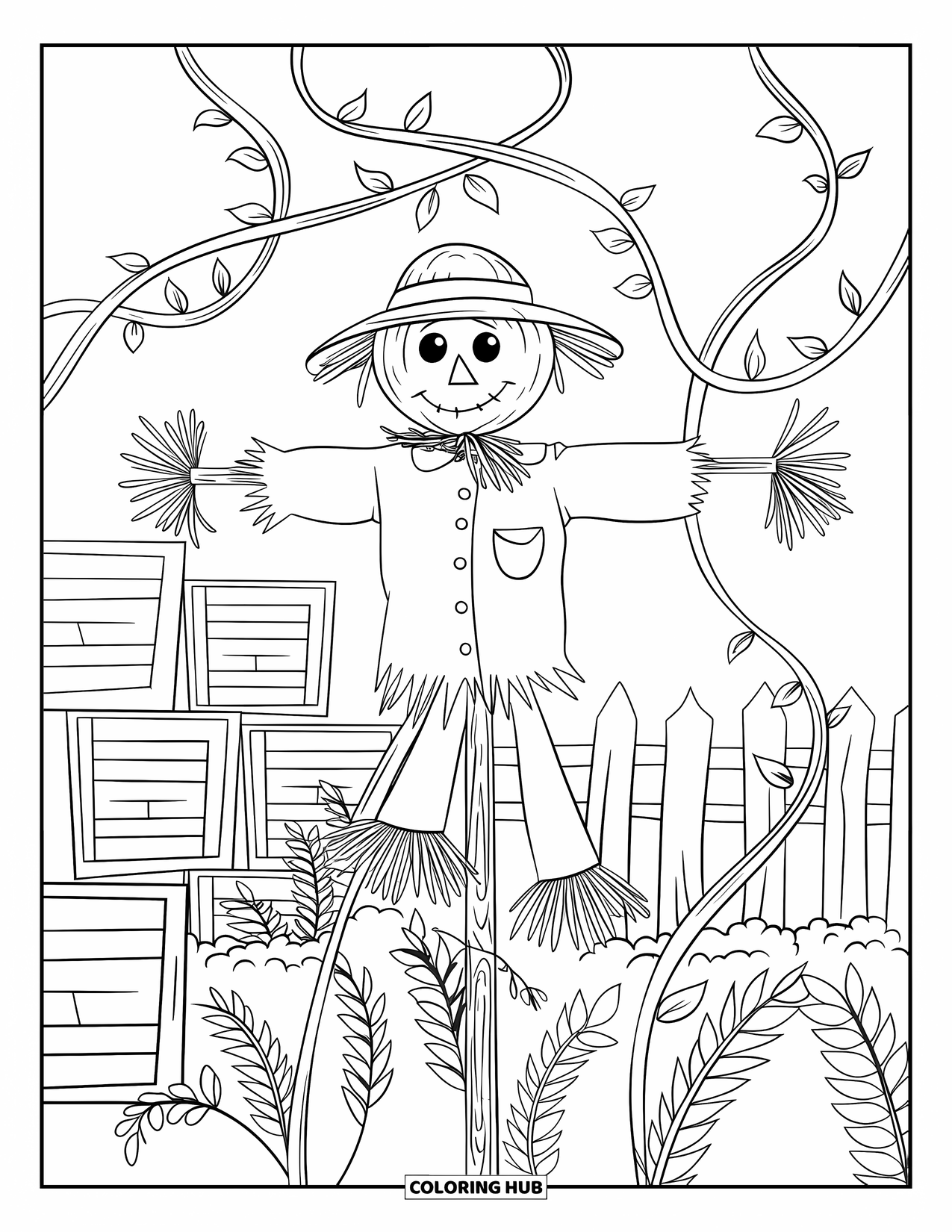 Scarecrow Coloring Page for Adults: A scarecrow stands among winding vines and crates beside a rustic wooden fence