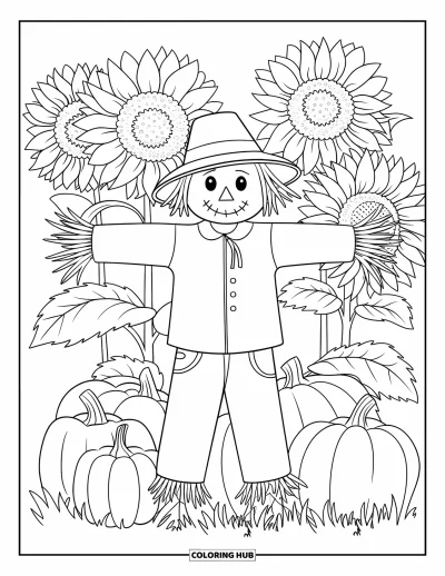 Coloriage d'épouvantail pour adultes : Un épouvantail se dresse sereinement parmi des tournesols et des citrouilles dans un champ paisible