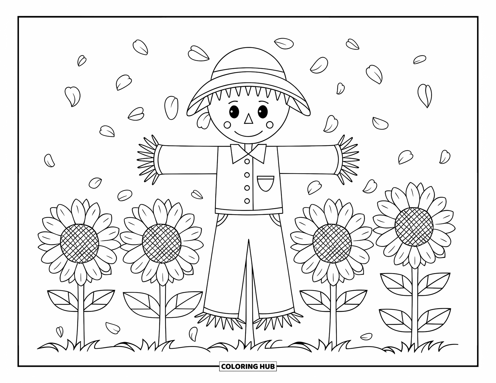 Scarecrow Coloring Page for Adults: A scarecrow stands near blooming sunflowers with petals gently scattered on the ground