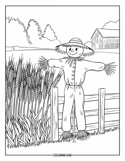 Coloriage d'épouvantail pour adultes : Un épouvantail se tient paisiblement près d'une clôture au milieu de champs de blé dorés