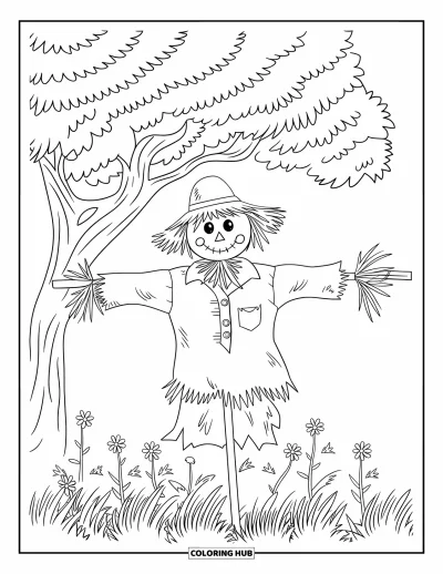 Coloriage d'épouvantail pour adultes : Un épouvantail se dresse sous un arbre feuillu dans un champ fleuri de plantes sauvages
