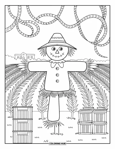 Coloriage d'épouvantail pour adultes : Un épouvantail souriant aux traits en boutons se tient parmi des cultures et des vignes aux motifs variés