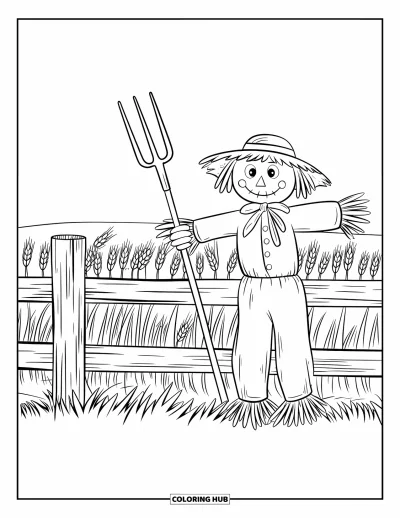 Coloriage d'épouvantail pour adultes : Un épouvantail au chapeau de paille tient une fourche près d'un champ de blé et d'une clôture patinée