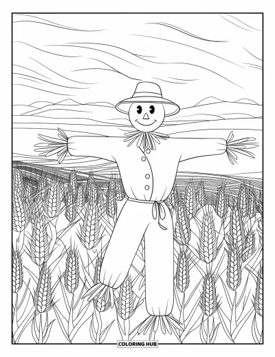 Coloriage d'épouvantail pour adultes : Un épouvantail élégant se dresse dans un champ de maïs avec des vents tourbillonnants et des collines vallonnées