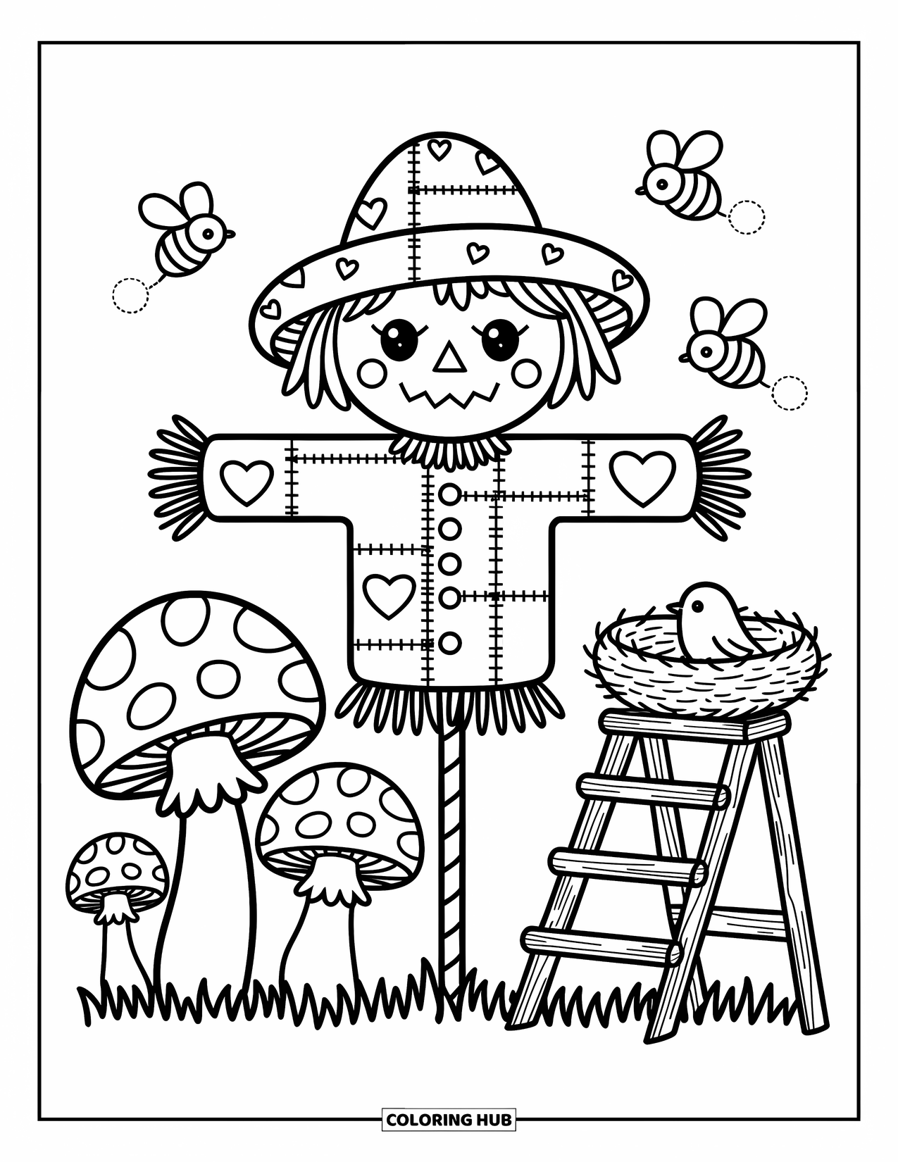 Scarecrow Coloring Page for Adults: A whimsical scarecrow with fabric patches stands near mushrooms, bees, and a ladder nest