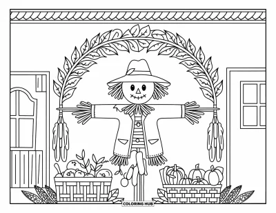 Coloriage d'épouvantail pour adultes : Un épouvantail orné se tient sous des arches feuillues entouré de paniers de fruits suspendus