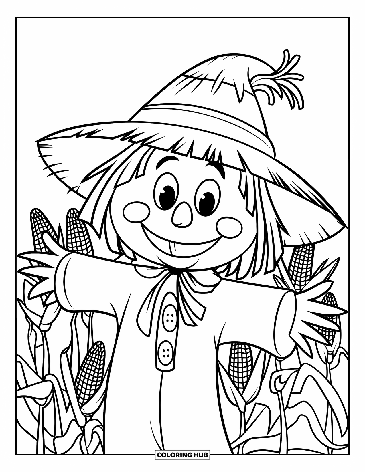 Scarecrow Coloring Page for Kids: A big smiling scarecrow stands in a cornfield with visible corn ears