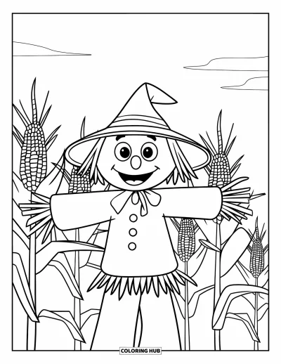 Coloriage d'épouvantail pour enfants : Un épouvantail aux yeux en boutons sourit dans un champ de maïs sous de gros nuages duveteux
