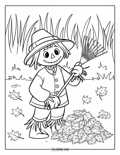 Coloriage d'épouvantail pour enfants : Un épouvantail au visage de boutons tient un râteau près de feuilles et de hautes herbes