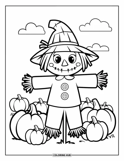 Coloriage d'épouvantail pour enfants : Un épouvantail au visage de boutons et au chapeau de paille se tient dans un carré de citrouilles sous des nuages moelleux