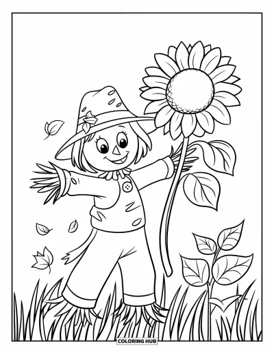 Coloriage d'épouvantail pour enfants : Un épouvantail au nez en bouton tient un tournesol tandis que des feuilles tombent dans un champ de hautes herbes