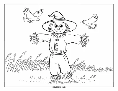 Coloriage d'épouvantail pour enfants : Un épouvantail au nez en bouton se dresse dans les hautes herbes tandis que deux corbeaux passent en volant