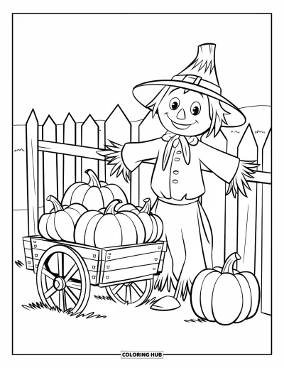 Coloriage d'épouvantail pour enfants : Un épouvantail joyeux se tient près d'une charrette à carreaux remplie de citrouilles dans un champ verdoyant