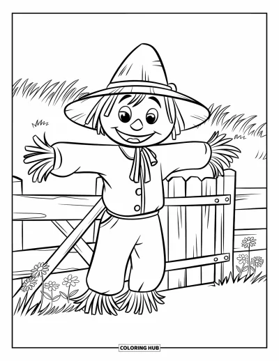 Coloriage d'épouvantail pour enfants : Un épouvantail joyeux se tient près d'une clôture en bois avec des fleurs et de hautes herbes en arrière-plan