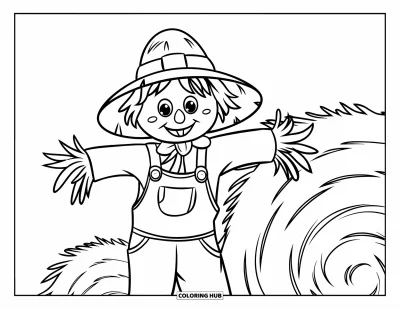 Coloriage d'épouvantail pour enfants : Un joyeux épouvantail au chapeau de paille se tient près de bottes de foin dans une scène simple
