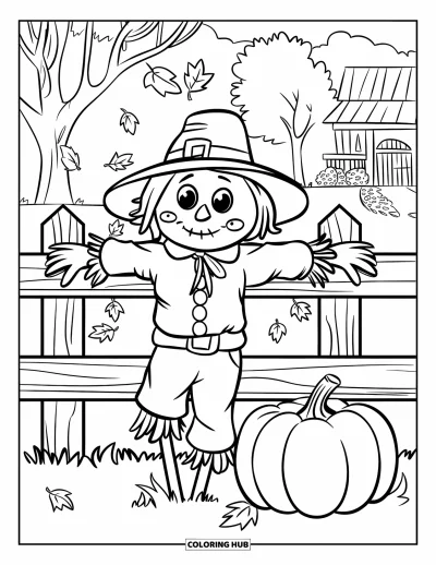 Coloriage d'épouvantail pour enfants : Un épouvantail douillet s'appuie sur une clôture près d'une citrouille, d'arbres et d'une maison rustique