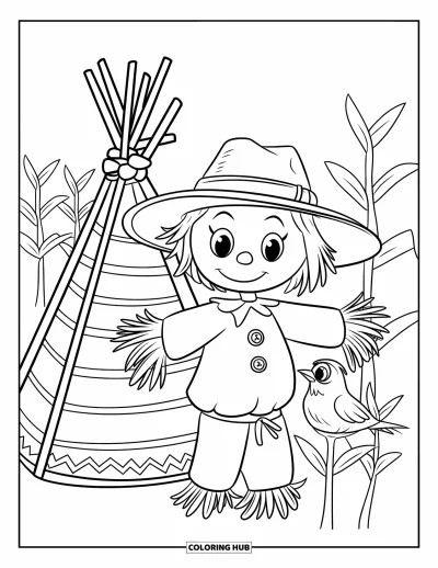 Coloriage d'épouvantail pour enfants : Un épouvantail douillet est assis près d'un tipi de tiges de maïs et d'un oiseau au repos dans un champ