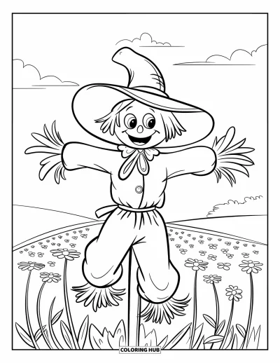 Coloriage d'épouvantail pour enfants : Un épouvantail au chapeau rabattu rayonne dans un champ de fleurs jaunes avec de grandes zones faciles à colorier