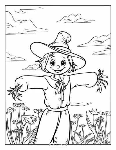 Coloriage d'épouvantail pour enfants : Un épouvantail au chapeau rabattu sourit dans un champ de grandes fleurs sous des nuages duveteux