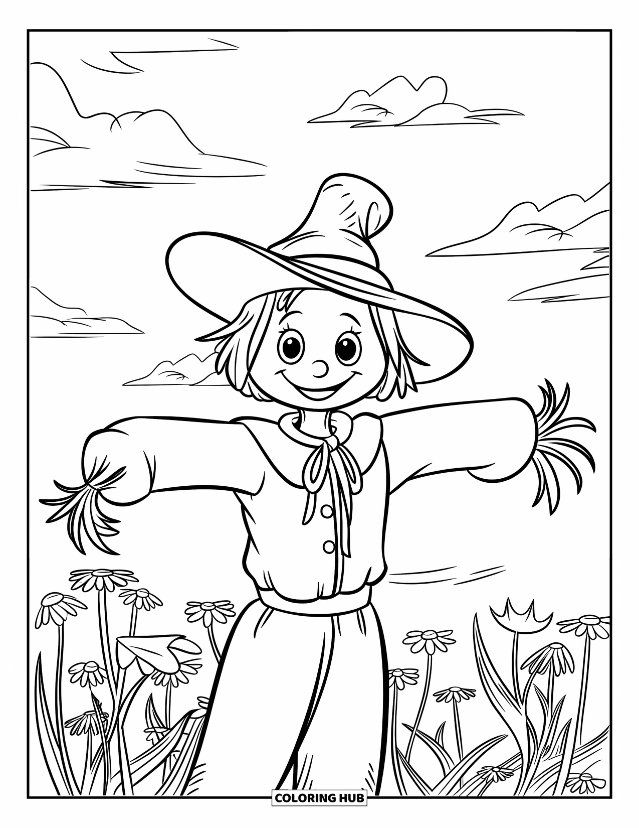 Scarecrow Coloring Page for Kids: A floppy-hat scarecrow smiles in a tall flower field with fluffy clouds above