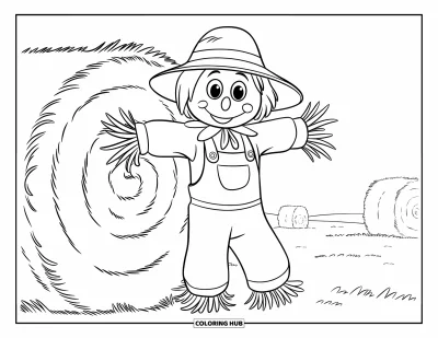 Coloriage d'épouvantail pour enfants : Un épouvantail amical en salopette se tient près d'une botte de foin dans un champ paisible
