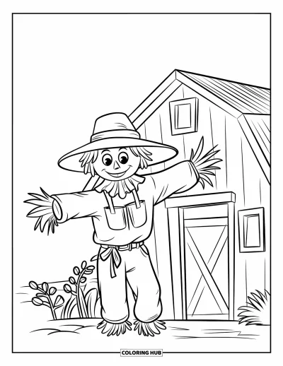 Coloriage d'épouvantail pour enfants : Un épouvantail heureux au chapeau rabattu fait signe près d'une grange et de plantes feuillues