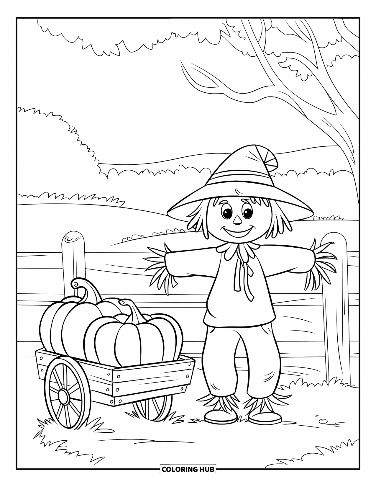 Scarecrow Coloring Page for Kids: A happy scarecrow smiles near a wooden cart full of pumpkins and a fence