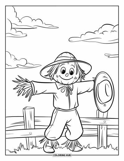 Coloriage d'épouvantail pour enfants : Un épouvantail au visage de paille tient son chapeau sur son bras sous un ciel lumineux parsemé de nuages