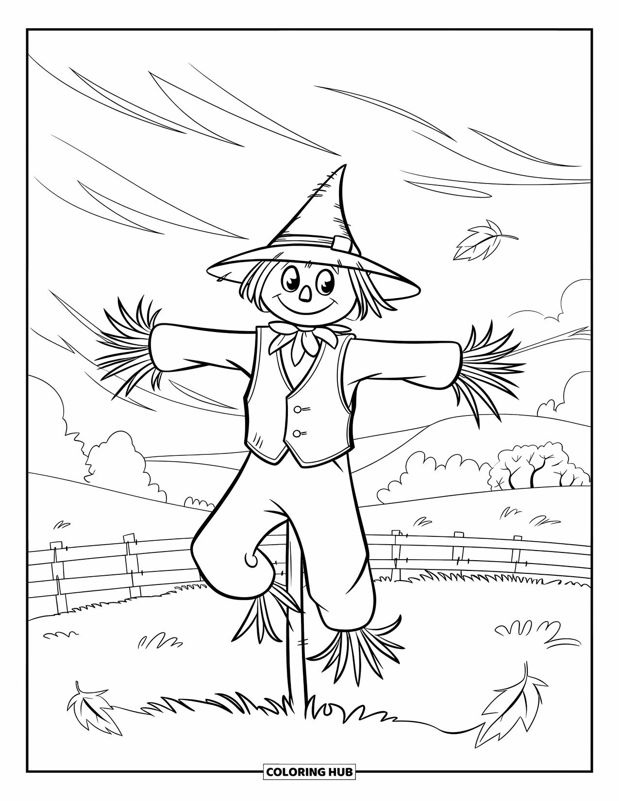 Scarecrow Coloring Page for Kids: A patchwork scarecrow stands beside a basket filled with apples and corn